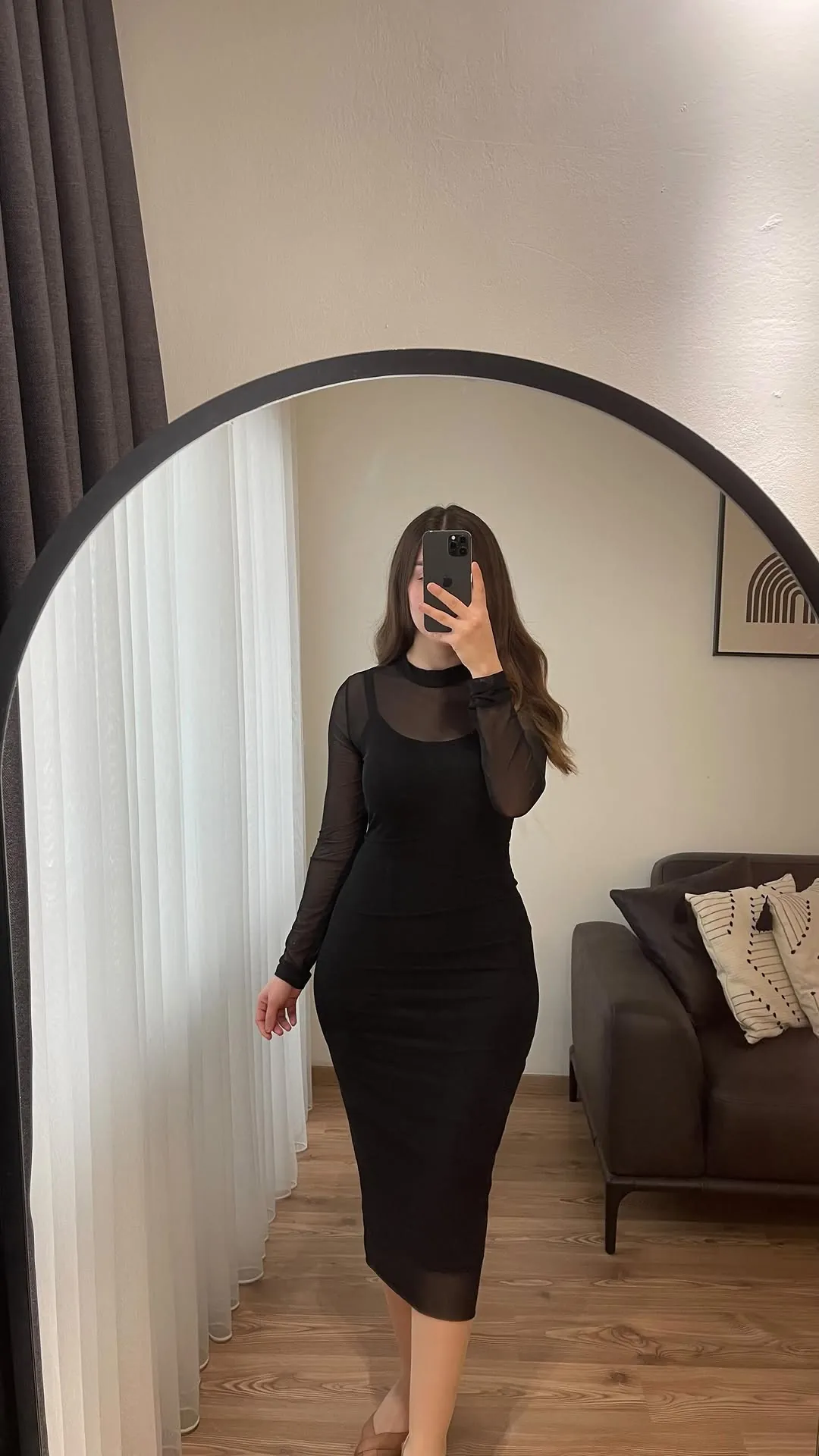 Black Long Sleeve Mesh Midi Dress