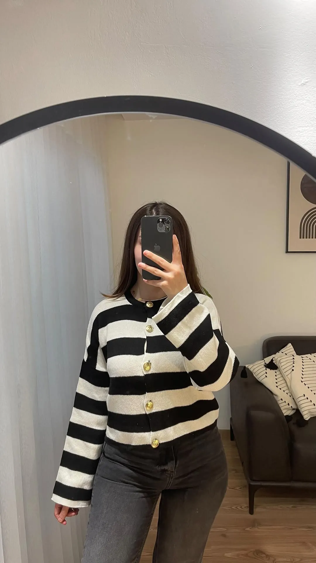 Black and White Striped Cardigan with Gold Buttons
