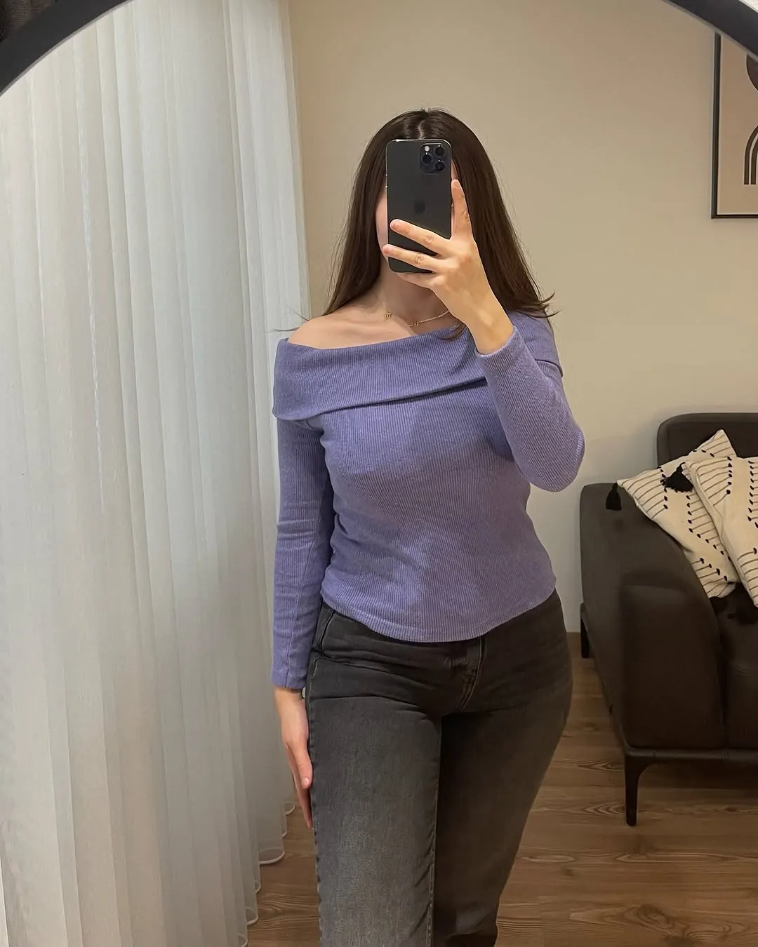 Purple Off-Shoulder Long Sleeve Ribbed Top