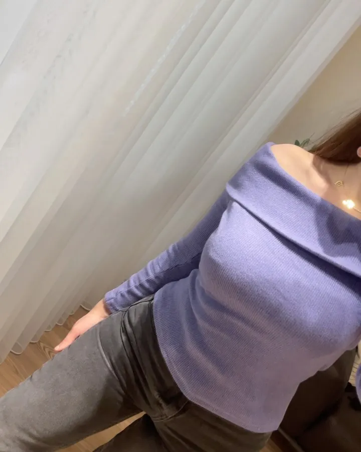 Purple Off-Shoulder Long Sleeve Ribbed Top
