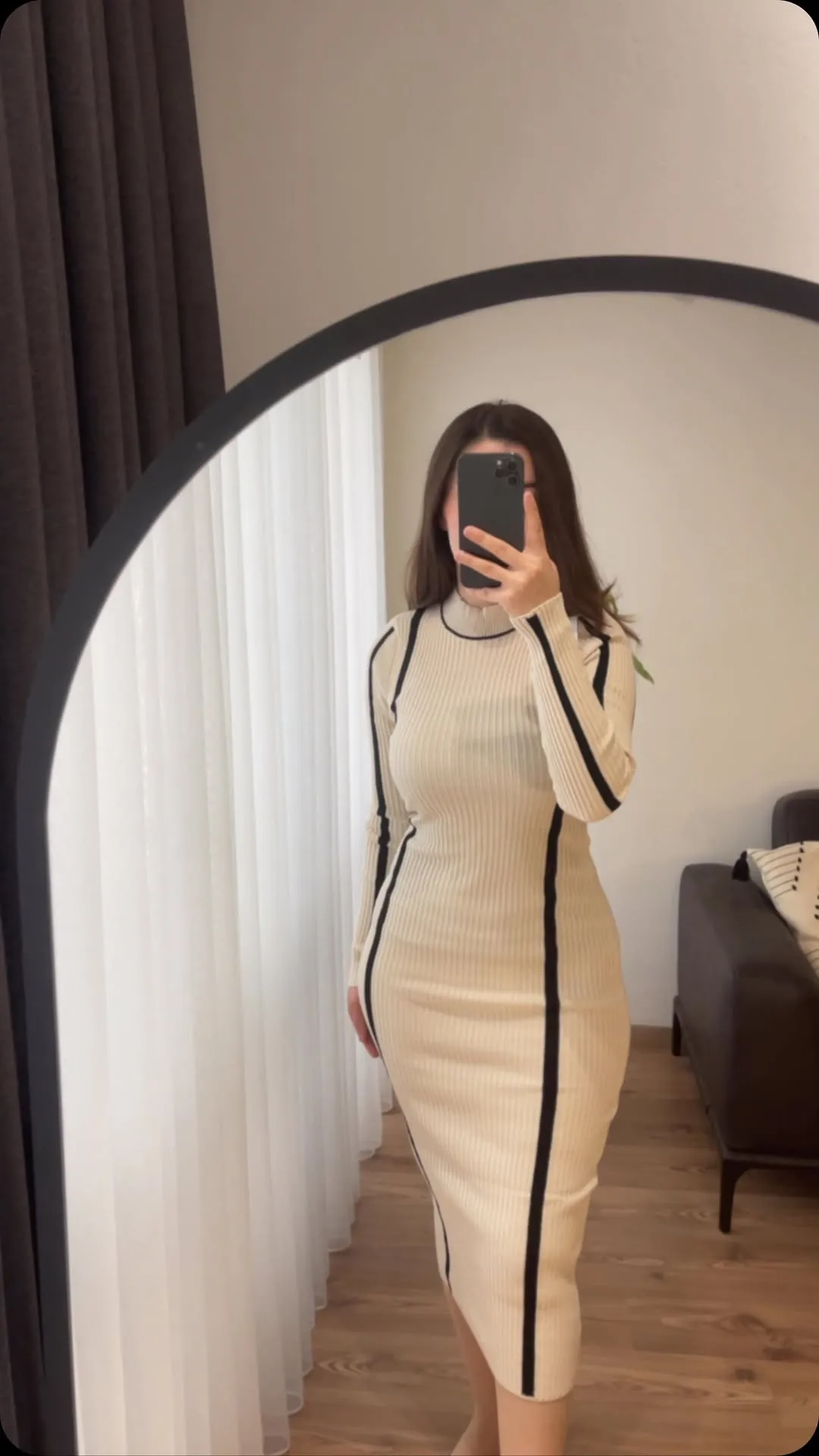 Cream Ribbed Knit Dress with Black Stripes