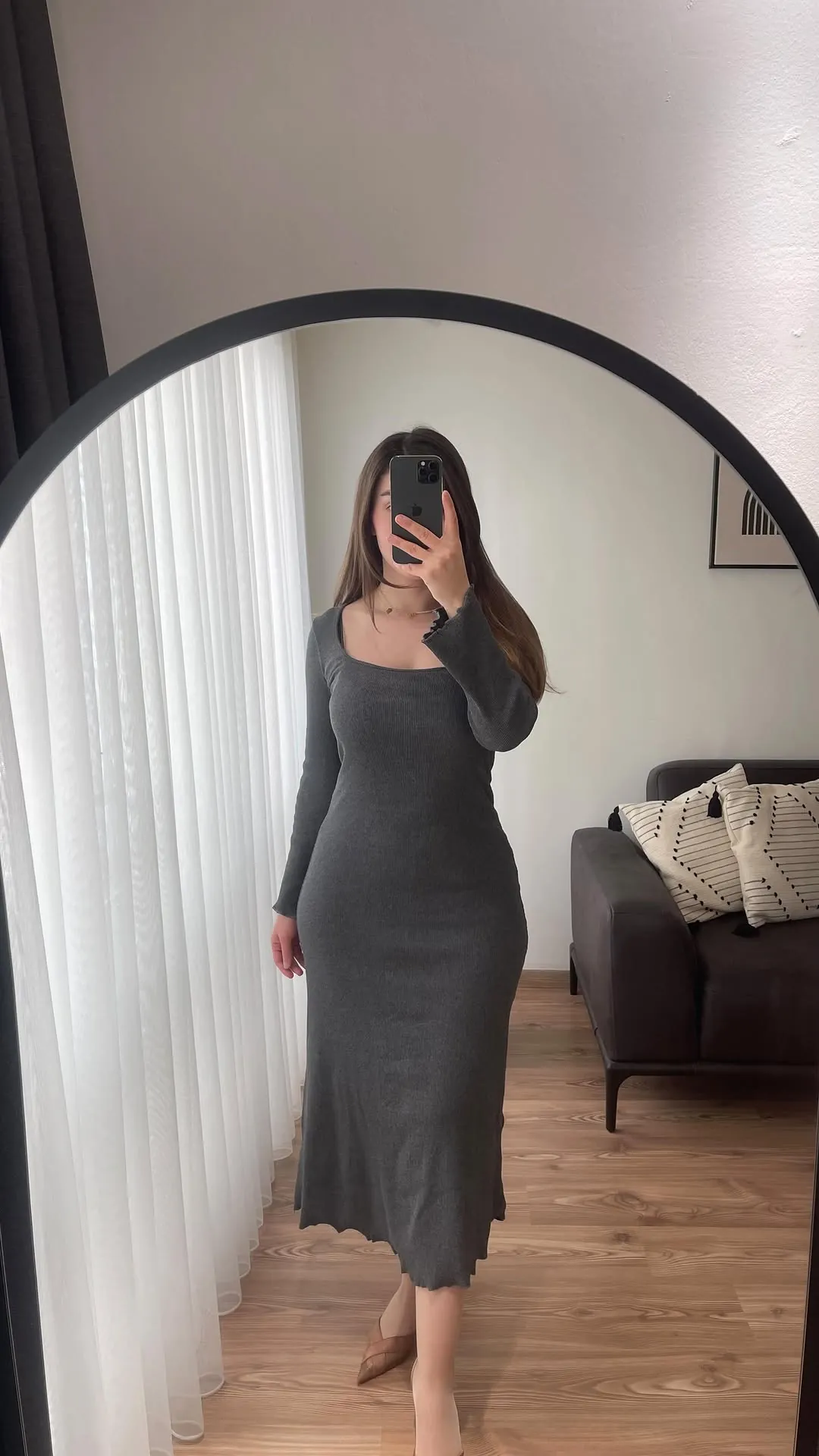 Grey Long Sleeve Ribbed Dress