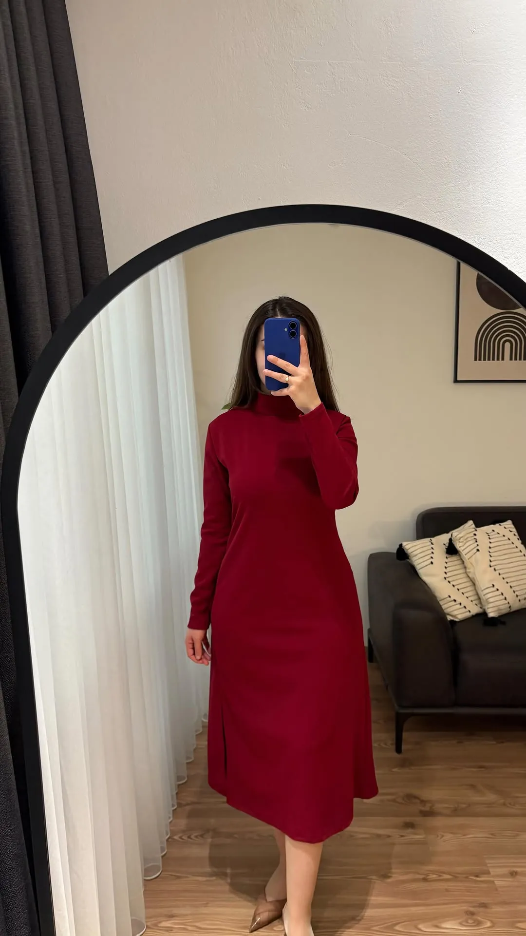 Long Sleeve High Neck Maroon Dress