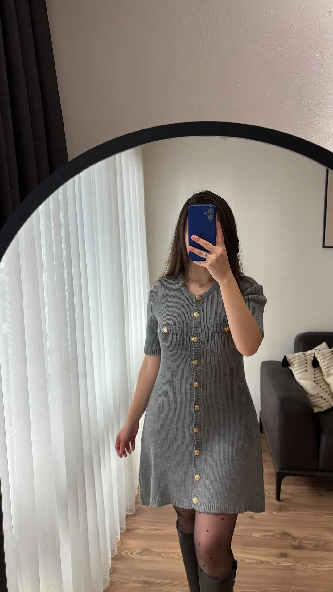 Grey Knitted Button-Down Dress