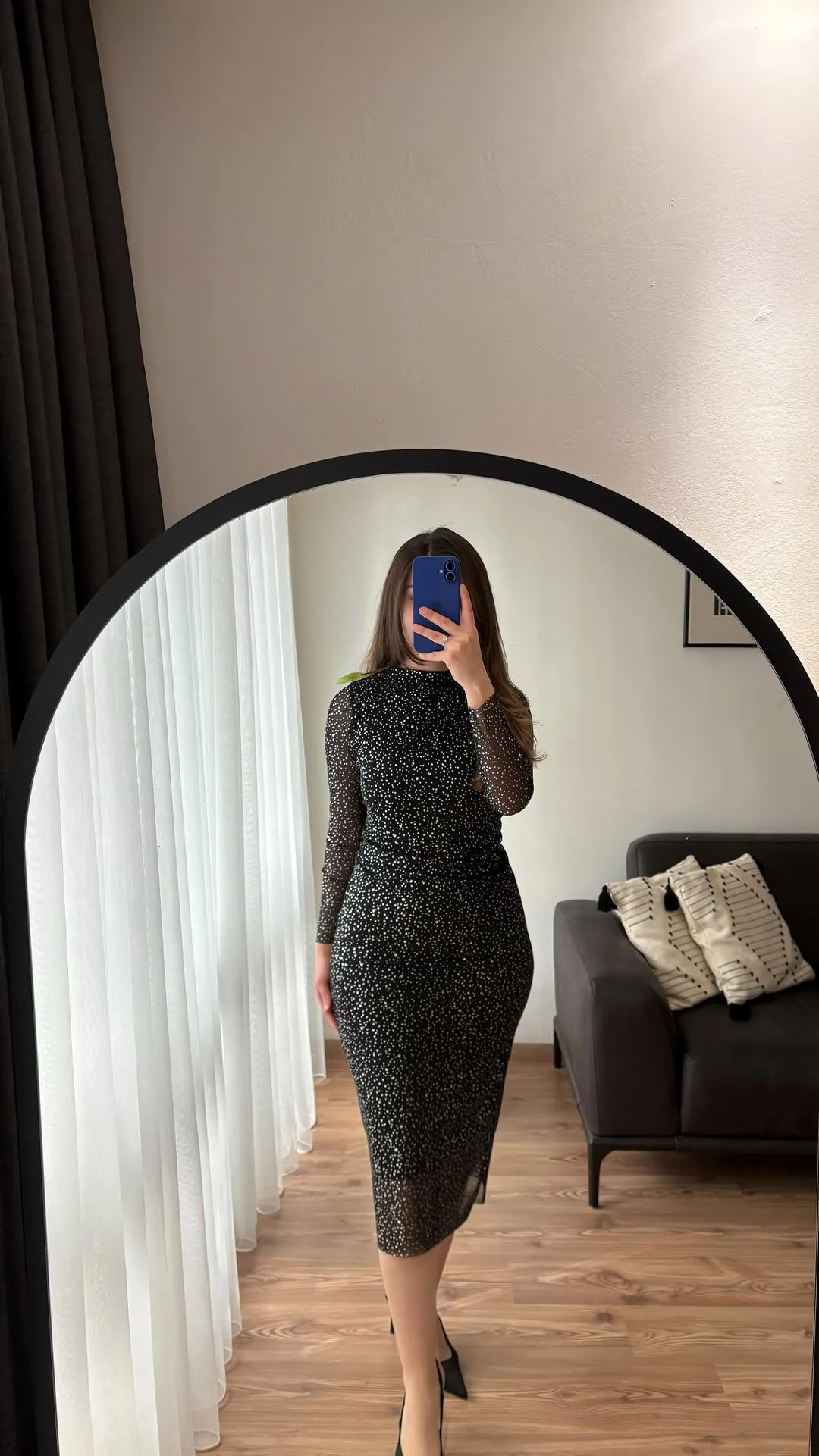 Black Sparkly Long-Sleeve Midi Dress