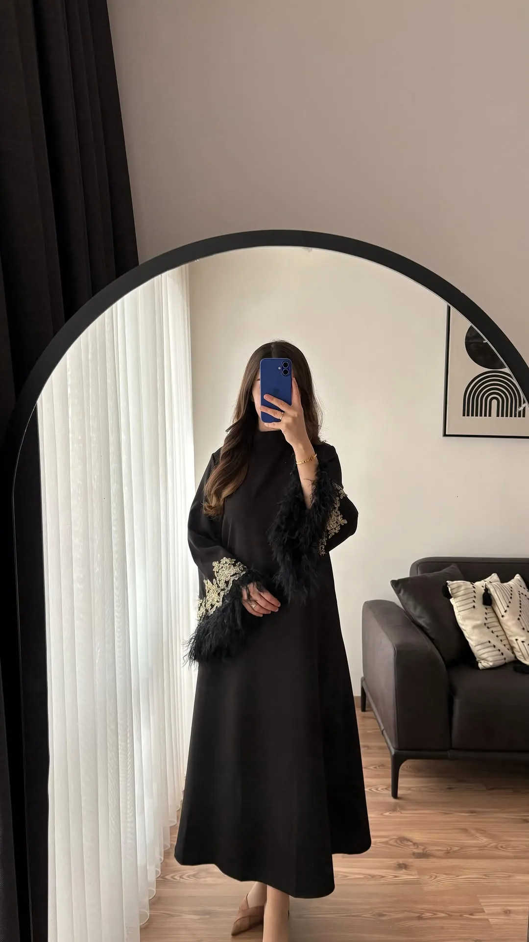 Black abaya dress with feather and lace sleeves
