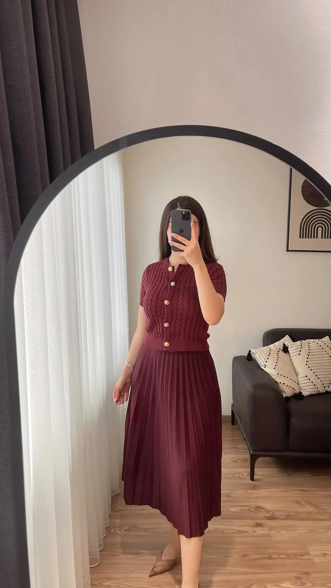 Maroon Knit Top and Pleated Skirt Two-Piece Set