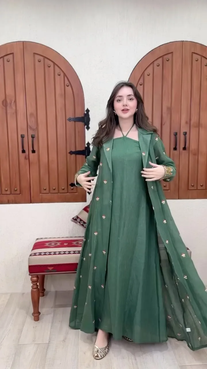 Green Embroidered Dress and Long Jacket Set