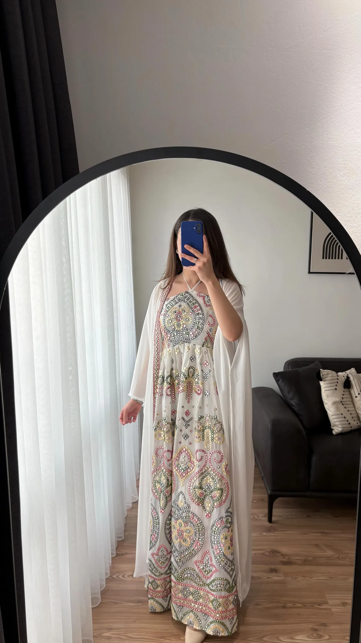 White Embroidered Maxi Dress with Open Cardigan