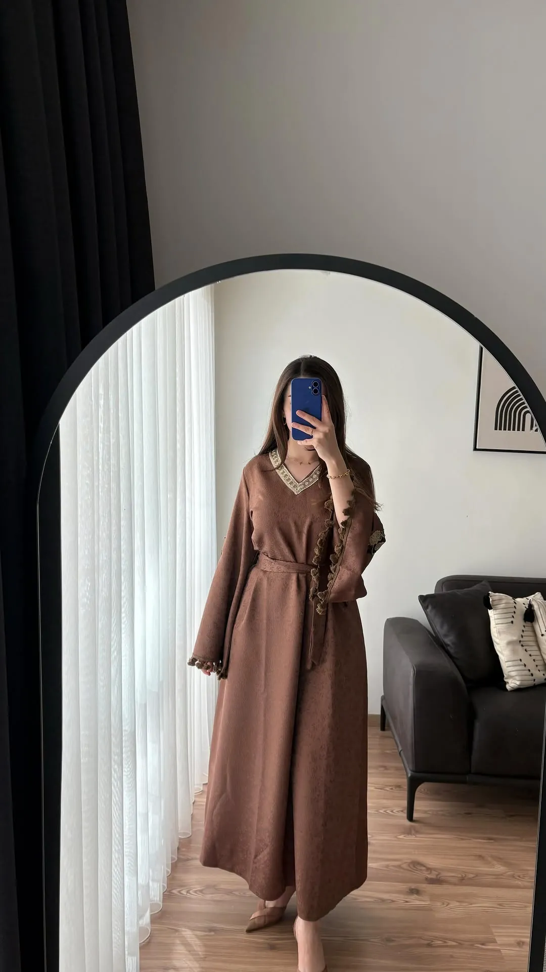 Brown Long Dress with Lace Trim