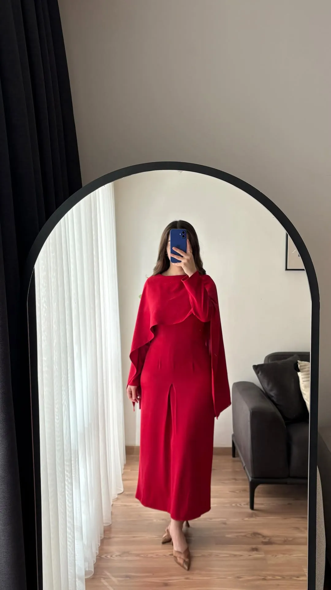 Red Long Dress with Cape Sleeves