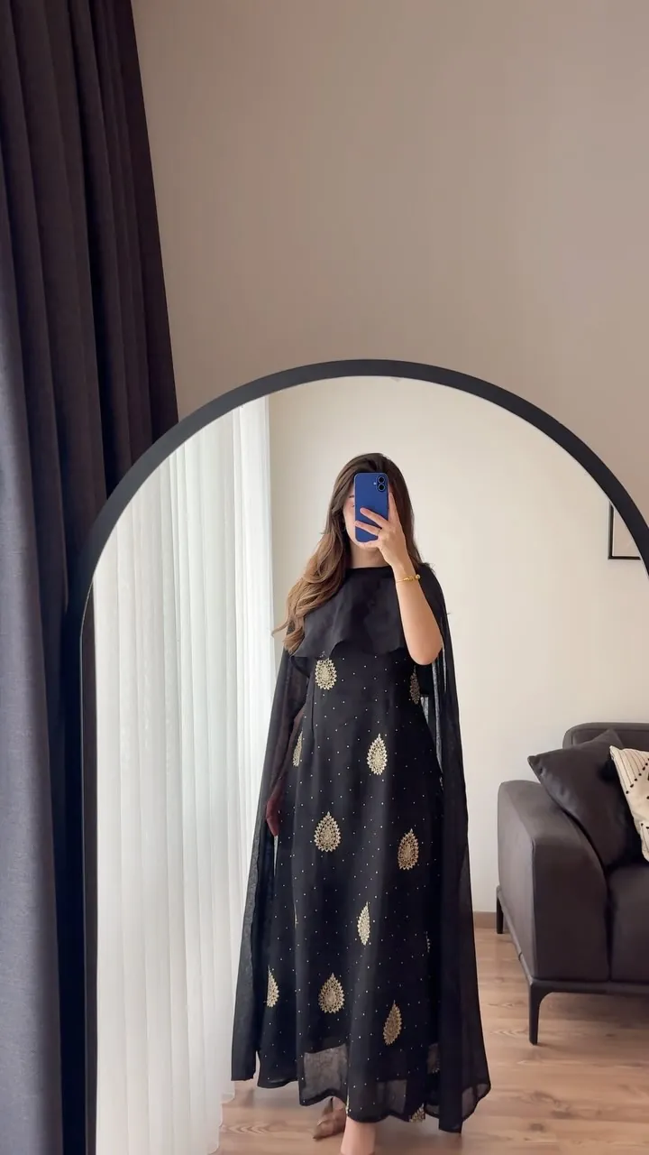 Black Embroidered Maxi Dress with Cape