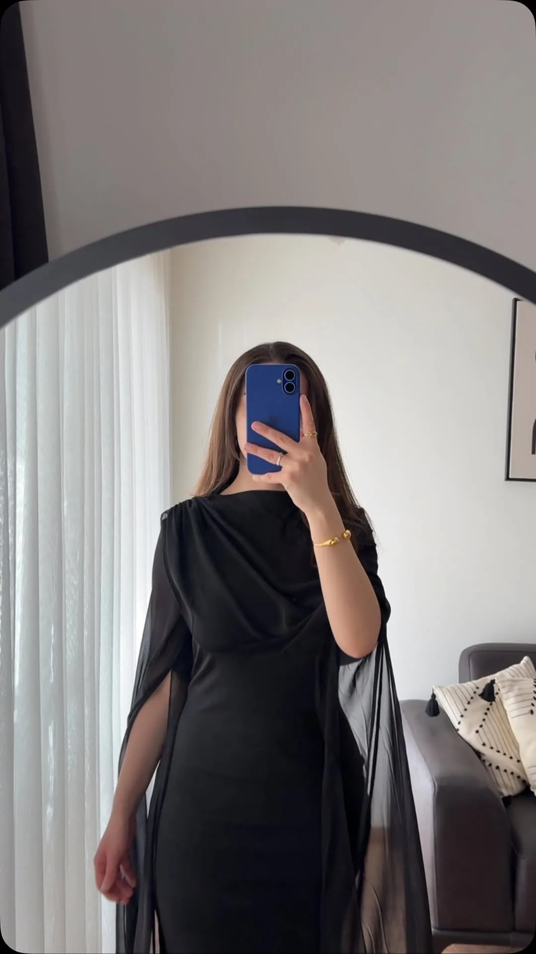 Black Draped Dress with Sheer Sleeves