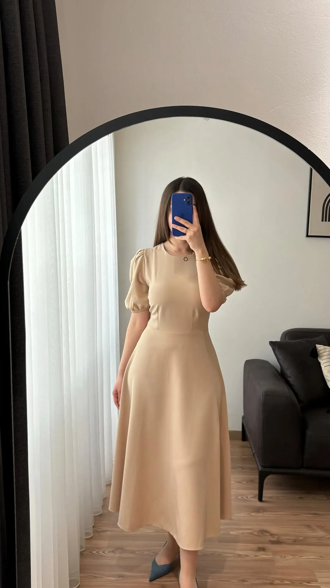 Beige Midi Dress with Puff Sleeves