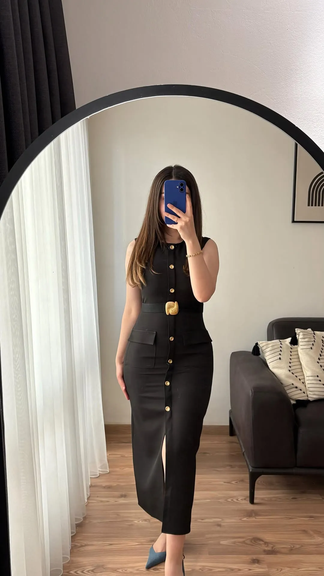 Black Sleeveless Button-Down Midi Dress