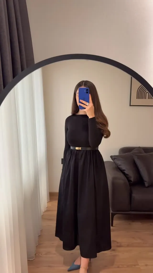 Black Long-Sleeved Dress with Belt