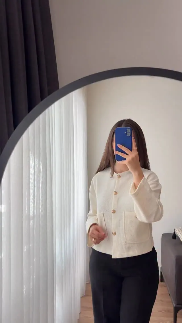 Women's White Textured Jacket with Gold Buttons