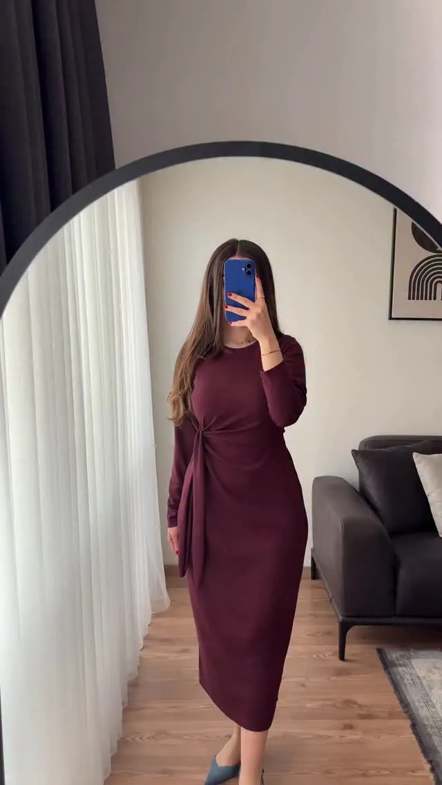 Burgundy Long-Sleeve Midi Dress with Side Knot