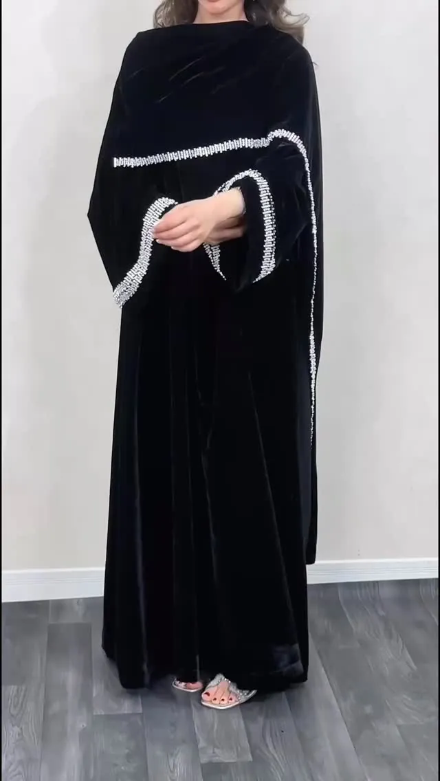 Black Velvet Abaya with Silver Embellishments