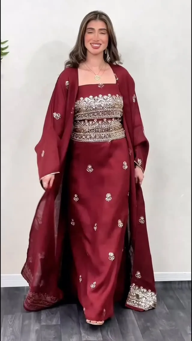 Maroon Embroidered Traditional Dress with Open Jacket