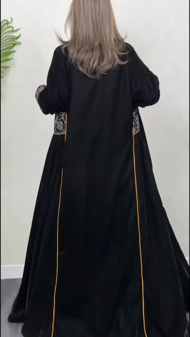 Black Abaya with Gold Trim and Embroidered Cuffs
