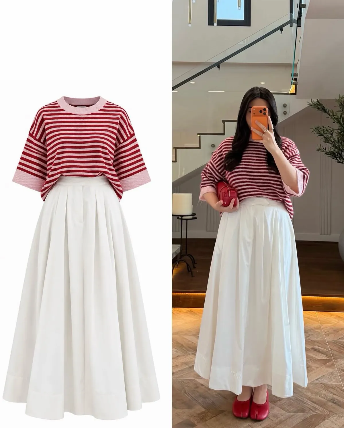 Striped Red Short Sleeve Top and White Long Skirt Set