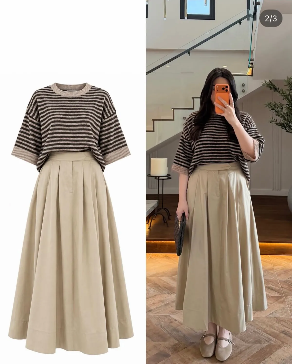 Striped Red Short Sleeve Top and White Long Skirt Set