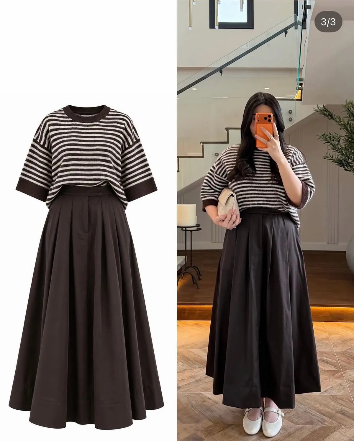 Striped Red Short Sleeve Top and White Long Skirt Set