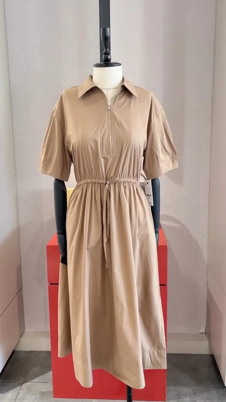 Beige Collared Midi Dress with Drawstring Waist