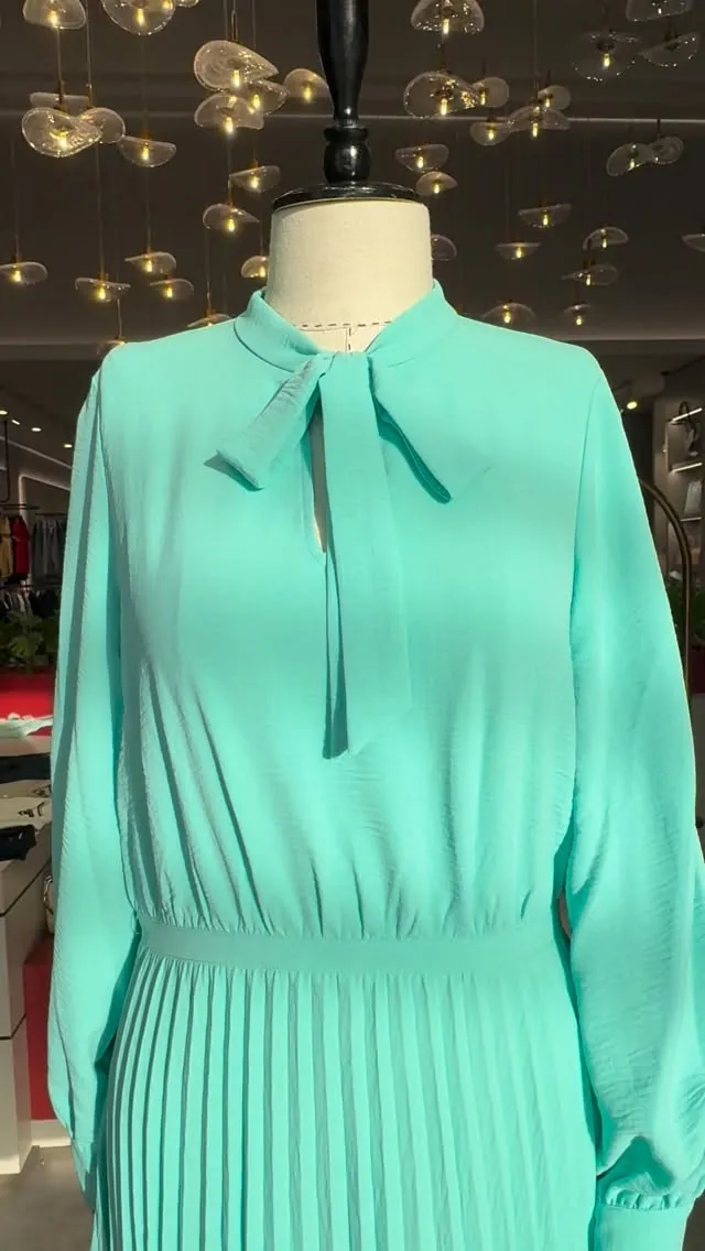 Mint Green Tie-Neck Pleated Dress