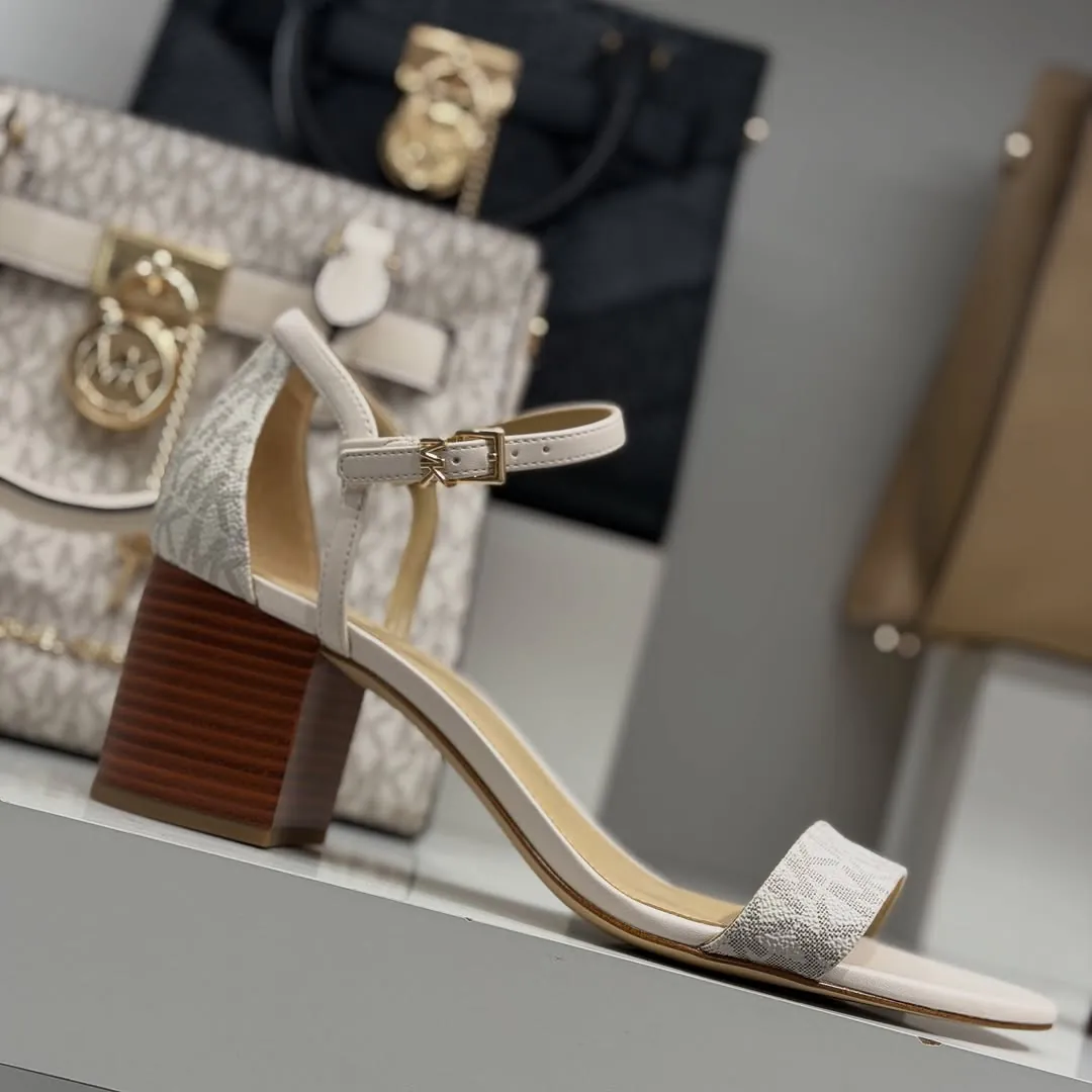 White Patterned Block Heel Sandals