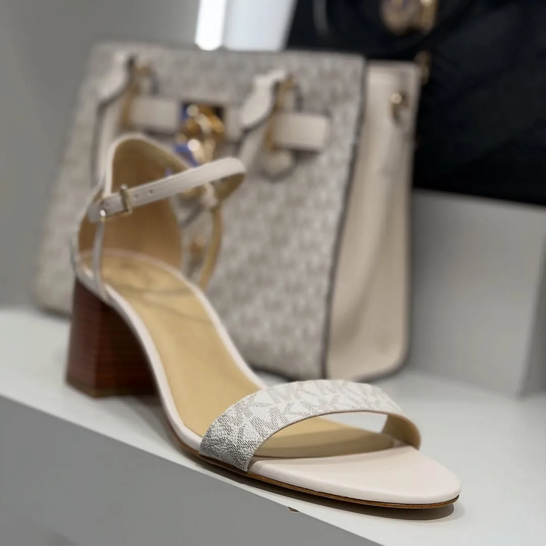 White Patterned Block Heel Sandals