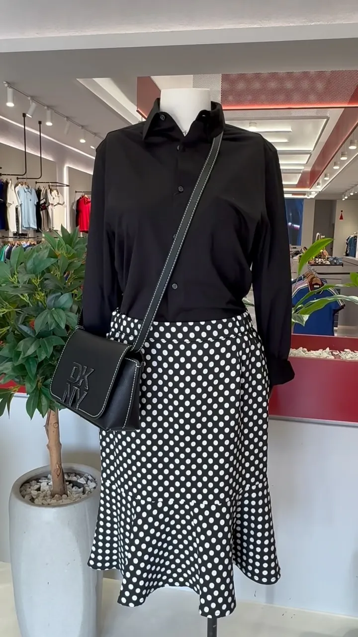 Women's Black Shirt and Polka Dot Skirt Set