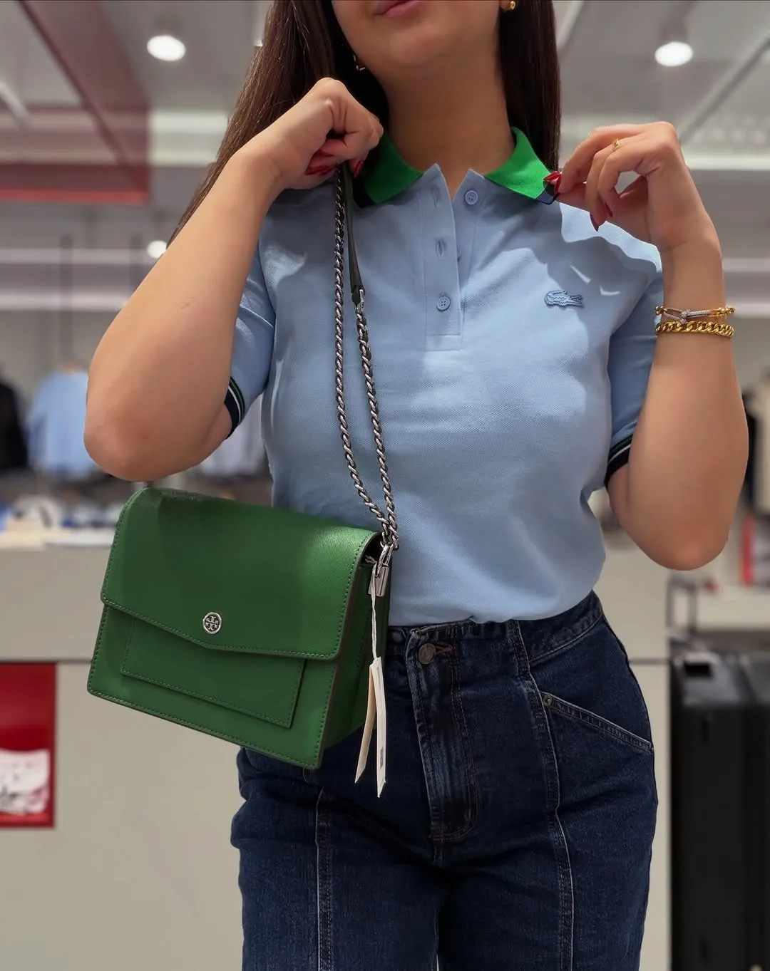 Lacoste Polo Shirt, DKNY Jeans, and Tory Burch Bag