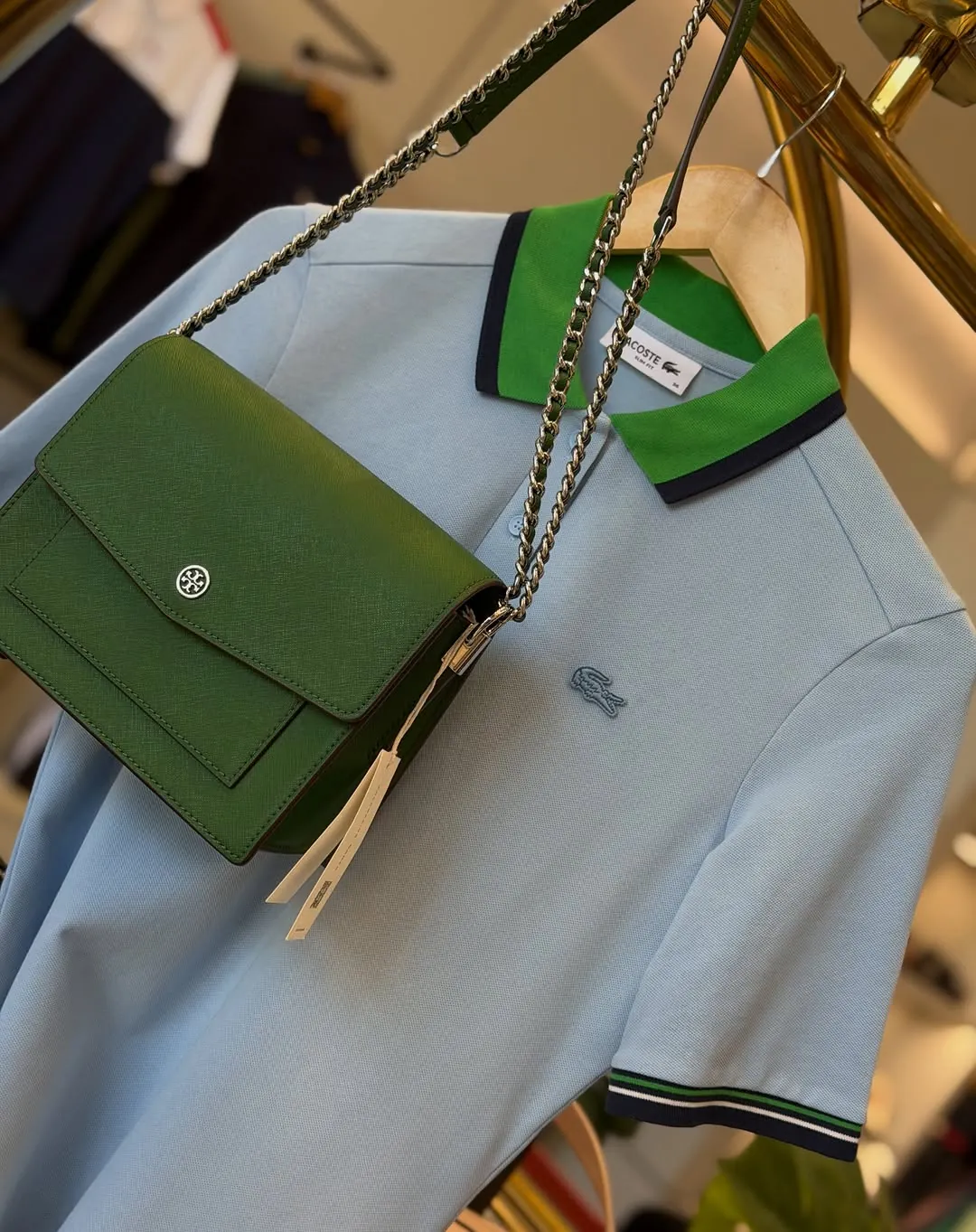 Lacoste Polo Shirt, DKNY Jeans, and Tory Burch Bag