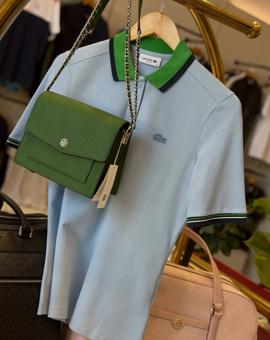 Lacoste Polo Shirt, DKNY Jeans, and Tory Burch Bag