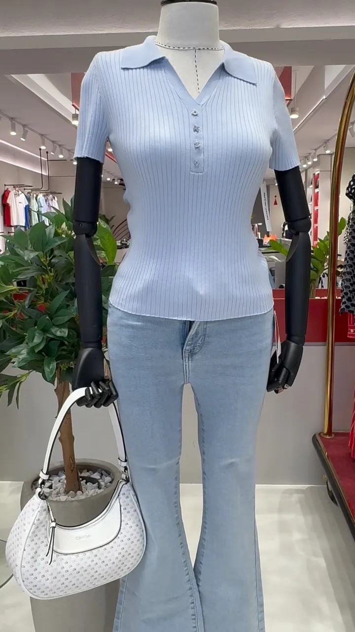 Light Blue Ribbed Polo Shirt and Flare Jeans Set