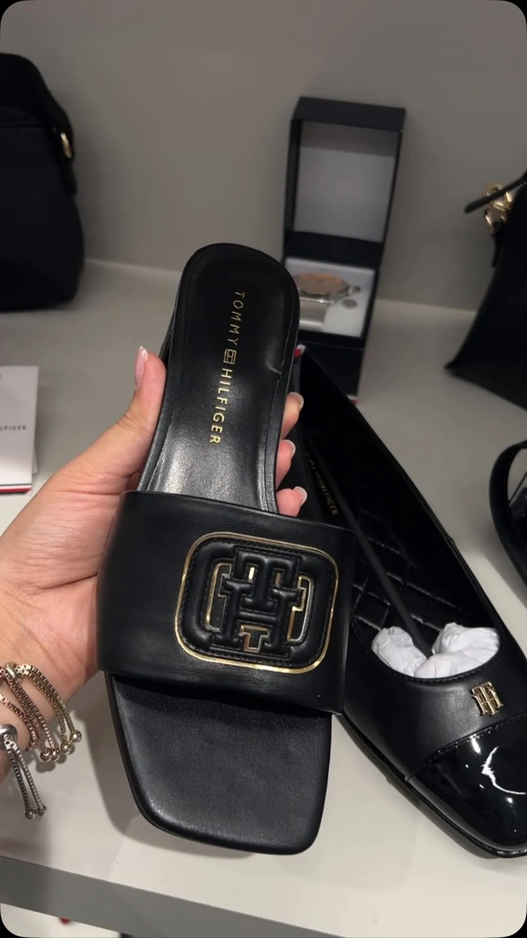 Tommy Hilfiger Black Leather Slides