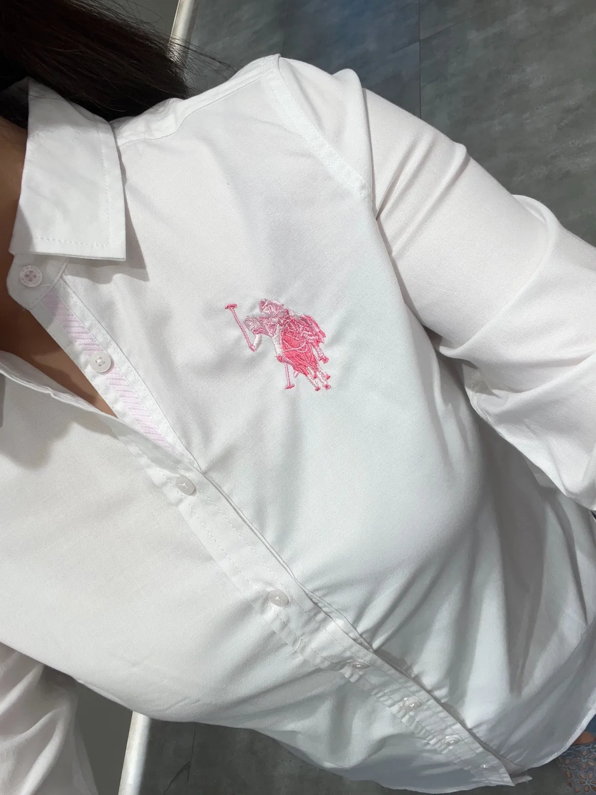 White Button-Down Shirt with Pink Logo