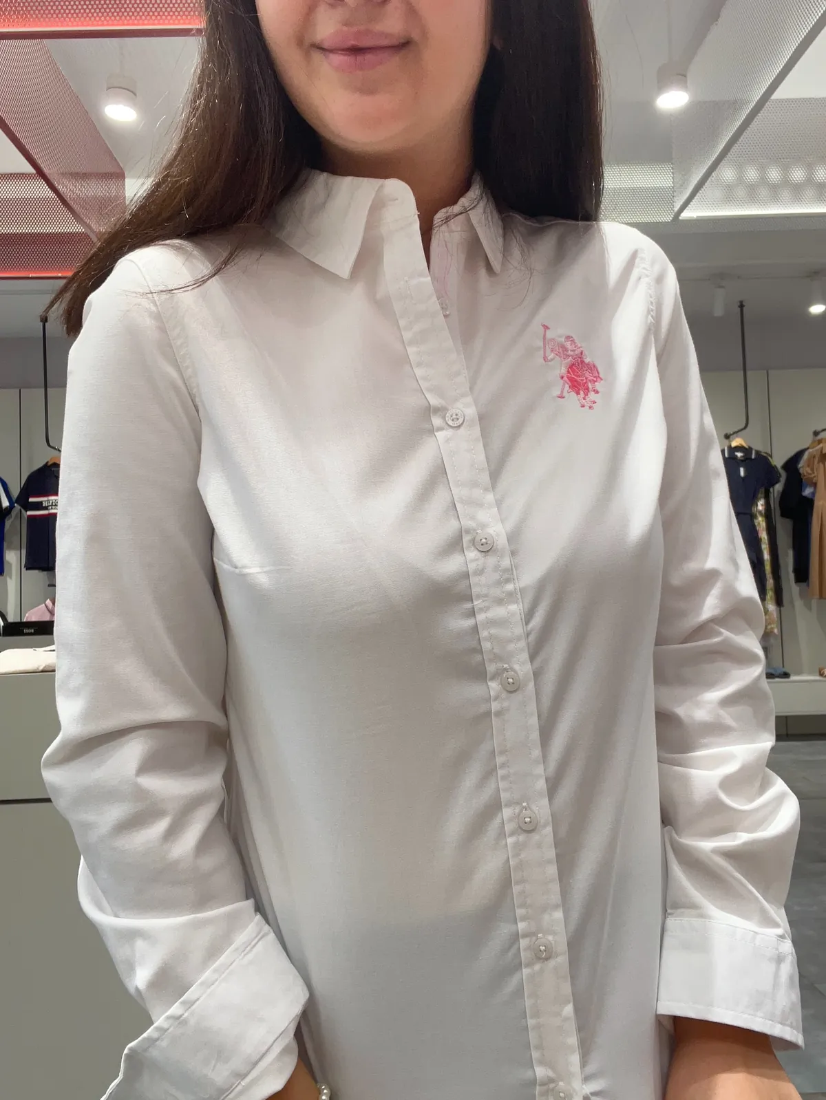 White Button-Down Shirt with Pink Logo